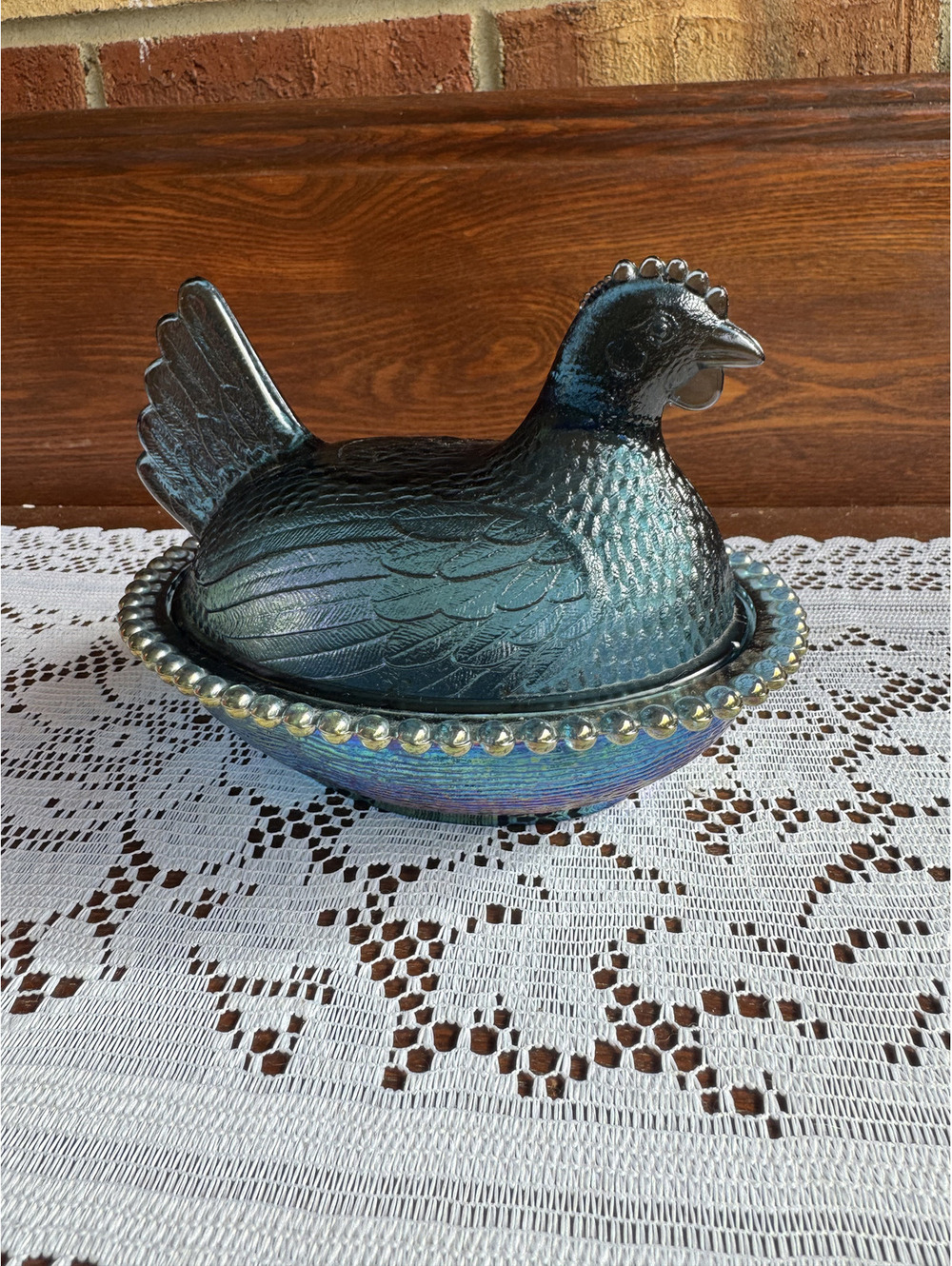 VTG 7 inch Indiana Blue Carnival Glass Hen on Nest Covered Dish